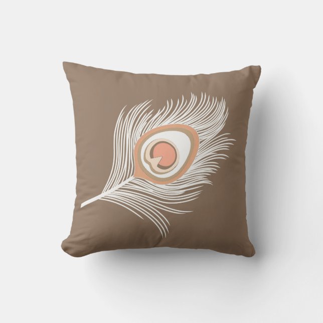 White en Peach Peacock Feather on Taupe Tan Kussen (Voorkant)