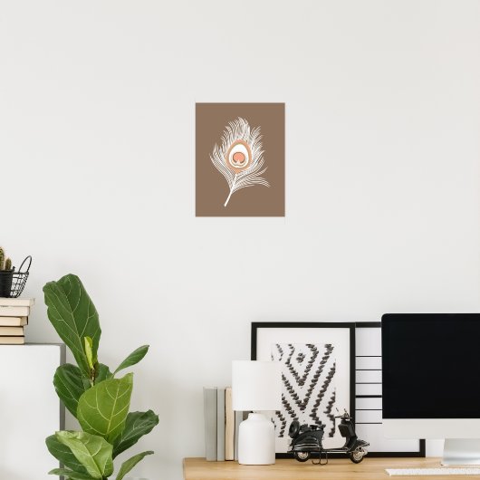 White en Peach Peacock Feather on Taupe Tan Poster (Thuiskantoor)