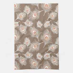 White en Peach Peacock Feathers op Taupe Tan Theedoek