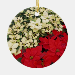 White en Red Poinsettias I Holiday Floral Keramisch Ornament
