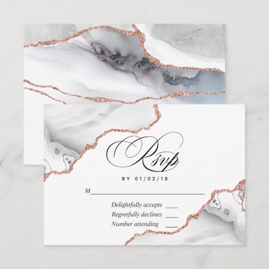 White en Roos Gold Agate Wedding RSVP Kaart (Voorkant / Achterkant)