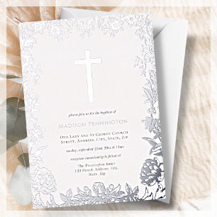 White en Silver Cross Baptism Folie Invitation Uitnodiging
