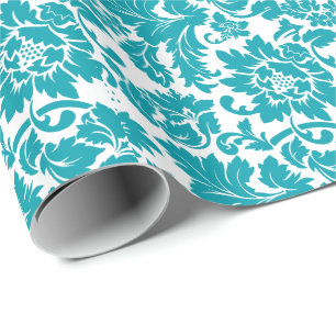 White en Turquoise Floral Damascus Pattern Cadeaupapier