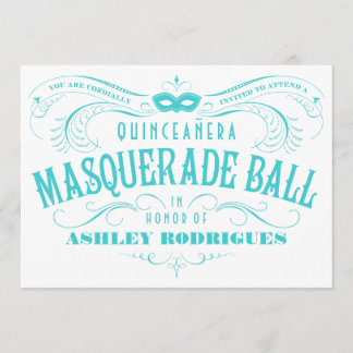 White en Turquoise Quinceanera Masquerade Invite Kaart