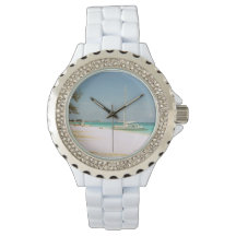 White Enamel Watch with Beach Design