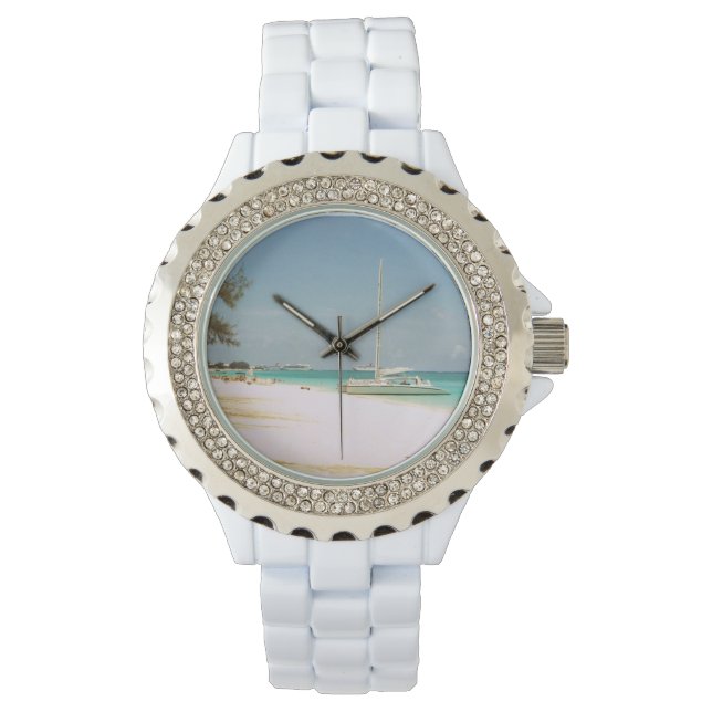 White Enamel Watch with Beach Design Horloge (Voorkant)