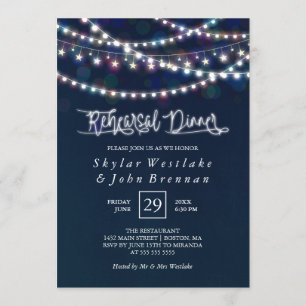 White Fairy Lights Blue Rehearsal Dinner Kaart