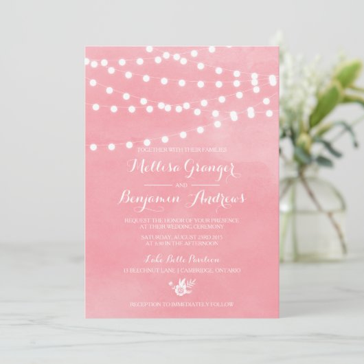 White Fairy Lights Rustic Pink Wedding Invitation Kaart (Staand voorkant)