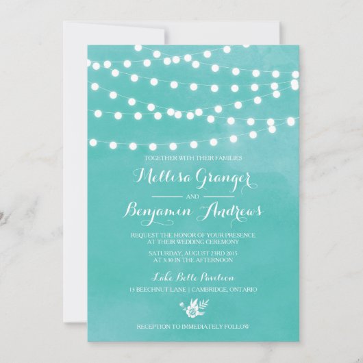 White Fairy Lights Rustic Wedding Invitation Kaart (Voorkant)