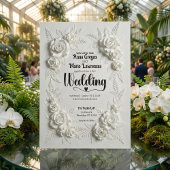 White Faux Bas Relief Floral Wedding Invitation
