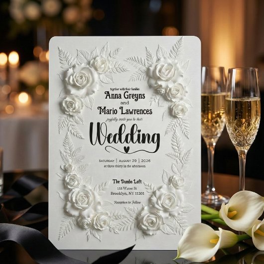 White Faux Bas Relief Floral Wedding Invitation Kaart