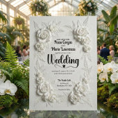 White Faux Bas Relief Floral Wedding Invitation Kaart
