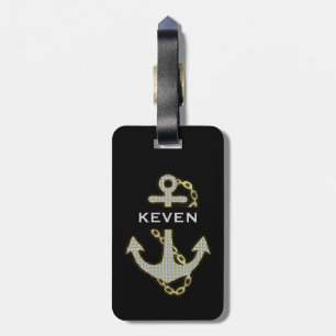 White Faux Glitter & Gold Nautical Anchor Bagagelabel