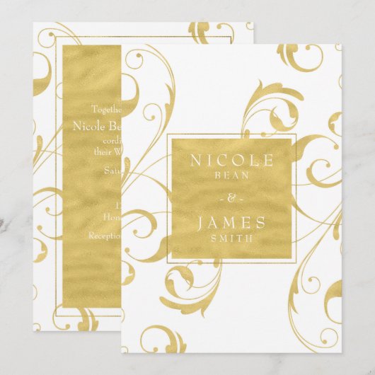 White & Faux Gold Floral Swirl Elegant Wedding Kaart (Voorkant / Achterkant)