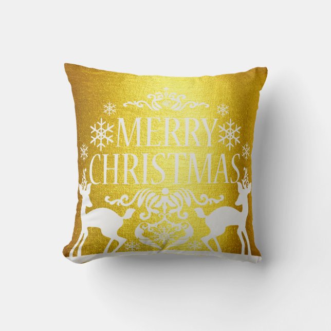White Faux Gold Merry-kerst Kussen (Voorkant)