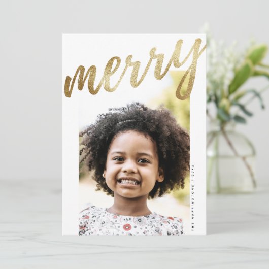White Faux Gold Script Joyeux Carte photo de vacan (Debout devant)