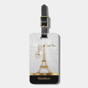 White Faux Leather met Gold Paris Accent Bagagelabel