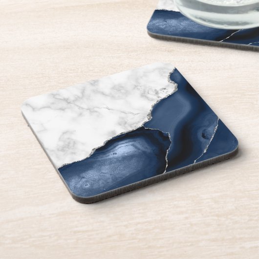 White Faux Marble Navy Blue Agate Silver Glitter Bier Onderzetter (Linkerzijde)