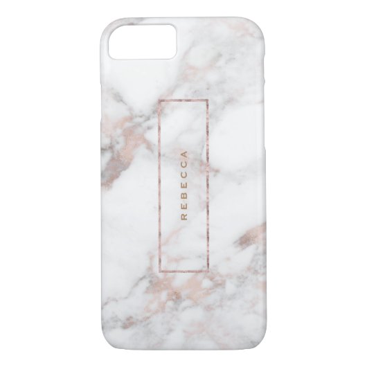 White Faux Marble Roos-Gold Accents Monogram Case-Mate iPhone Case (Achterkant)