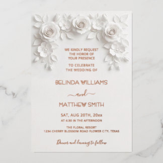 White Faux Relief Roses Frame Wedding Minimalist Folie Uitnodiging