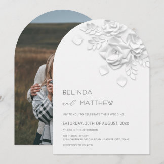 White Faux Relief  Roses Photo  Casual Wedding Kaart