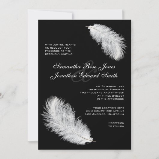 White Feathers Black Wedding Invitation Kaart (Voorkant)