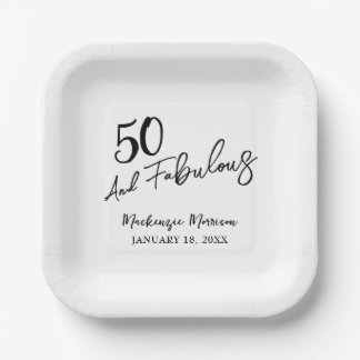 White Fifty and Fabulous Script Birthday Party Papieren Bordje