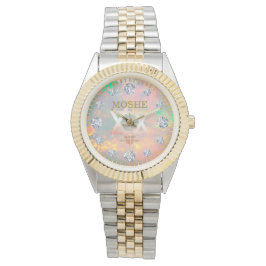 White Fire Opal Diamond Dial Star of David Horloge