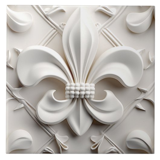 White Fleur De Lis Ceramic Tile Tegeltje (Voorkant)