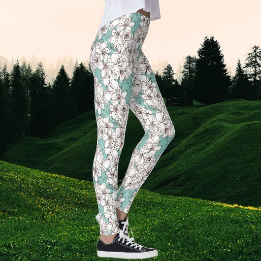 White Flora Bunch Aqua Blauwgroen Brown Leggings