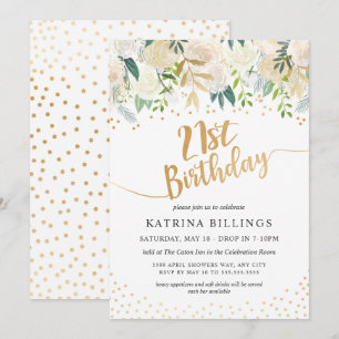 White Floral and Gold 21st Birthday Party Kaart