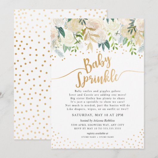White Floral Baby Sprinkle Invitation Kaart (Voorkant / Achterkant)