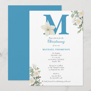 White Floral Baptism Christening Baby Boy Initiale Kaart