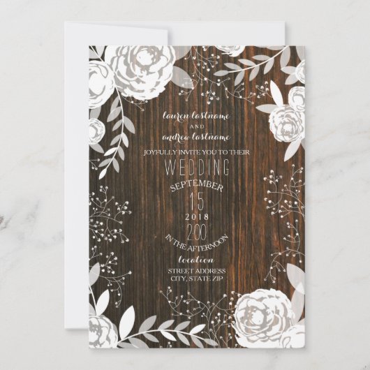 White Floral Barnwood Rustic Wedding Kaart (Voorkant)