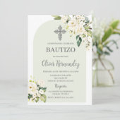 White Floral Bautizo - Spaanse uitnodiging (Staand voorkant)