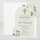 White Floral Bautizo - Spaanse uitnodiging (Voorkant / Achterkant)