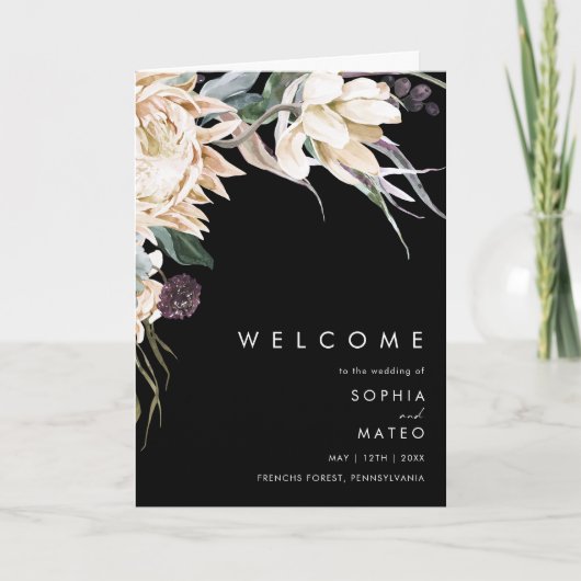 White Floral | Black Folded Wedding Programme Programma (Voorkant)