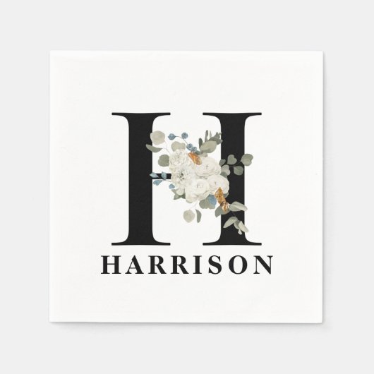 White Floral Black Monogram H Servet (Voorkant)