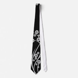 White Floral Black Silky Mannen Stropdas