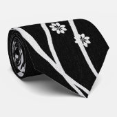 White Floral Black Silky Mannen Stropdas (Opgerold)