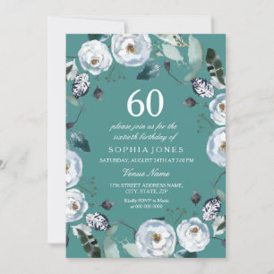 White Floral Blauwgroen Green 60th Birthday Invita Kaart