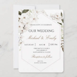 White Floral Boho Wedding Invitation Kaart