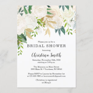 White Floral Bridal Shower Invitations with Green Kaart