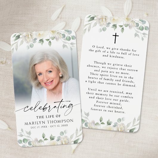 White Floral Cross Photo Prayer Card