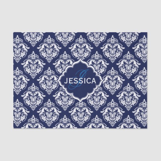 White Floral Damascus & Blue Background Tissuepapier (Voorkant)
