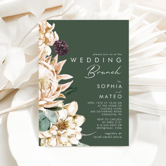 White Floral | Donkere groene bruiloft Brunch Kaart