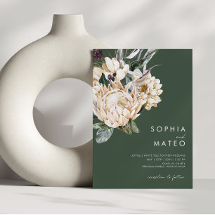 White Floral Donkere groene Casual bruiloft Kaart