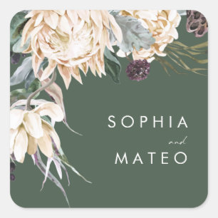 White Floral   Donkere groene envelop voor weddens Vierkante Sticker