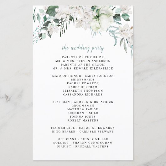 White Floral Dusty Blue Sage Green Wedding Program (Achterkant)