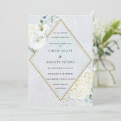 White Floral Dusty Blue Waterverf Wedding Kaart (Staand voorkant)